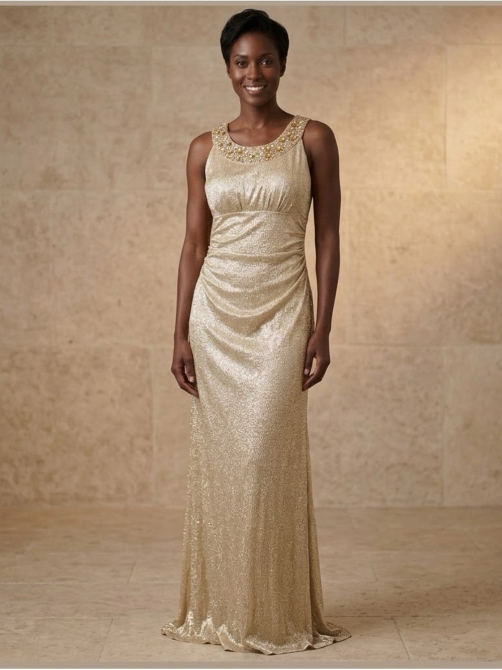 Viola gold lame formal dress flattering gathered waist lightly padded bust Small